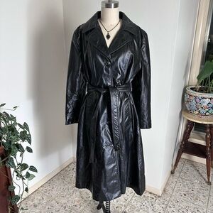 Vintage 70s unbranded button up black genuine leather long trench coat jacket